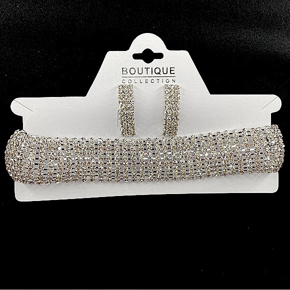 Set of Earrings & Choker Sparkly Rhinestones Necklaces •10 Rows. - Picture 1 of 6